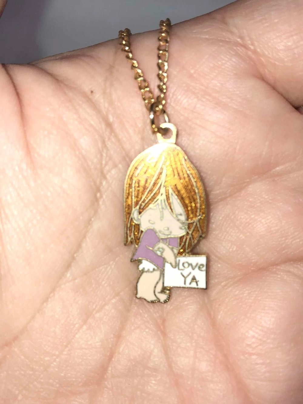Vintage Gold Tone Kids 'Love Ya' Cartoon Pendant Necklace - Purple Accent